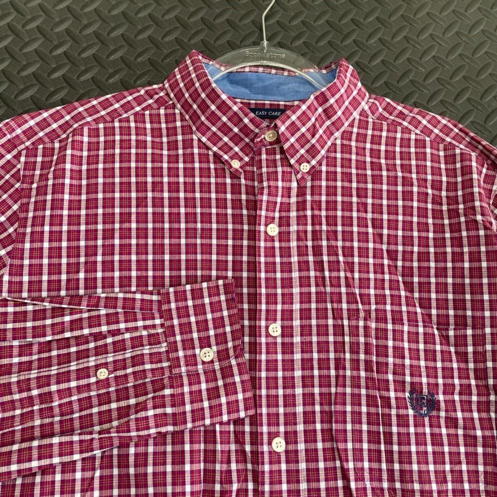Chaps Easy Care Red White Checkered Button Up Dress Shirt Long Sleeve Men's XL